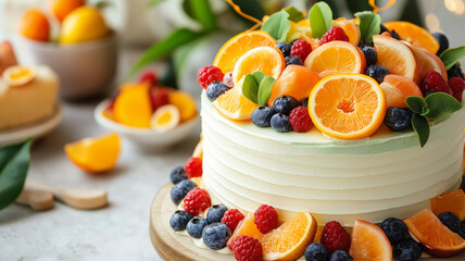 Delicious fruit cake topped with vibrant oranges, berries, and mint leaves