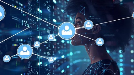Leinwandbilder - In a contemporary workspace, an individual engages with a vibrant digital network, showcasing connections and data analysis tools illuminated in the evening light.