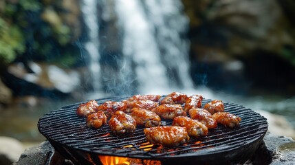 Grilled chicken wings on a grill with a waterfall in the background.