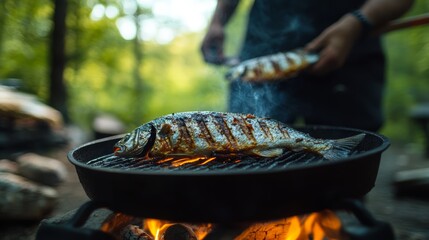 Wall Mural - Grilled Fish on a Campfire.