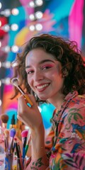 A cheerful makeup artist applying makeup against a backdrop of colorful cosmetics and brushes.