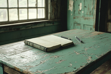 book and pen at a table in class room 