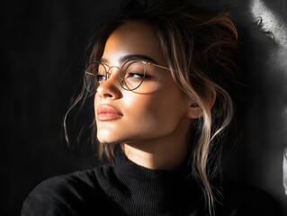 Sticker - A woman wearing a black turtle neck sweater and glasses