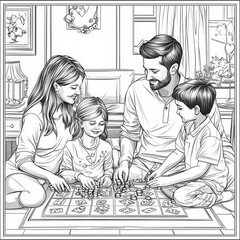 A festive game night with family, coloring page for kids, simple outline illustration. Coloring book, simple lines.