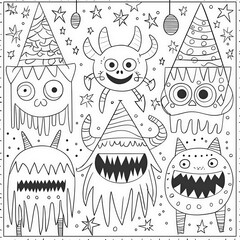 Wall Mural - A monster party with fun decorations, coloring page for kids, simple outline illustration. Coloring book, simple lines.