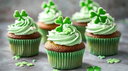 St. Patrick's Day sweets featuring cupcakes decorated with shamrocks and green frosting, set in a cheerful celebration.