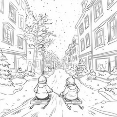 A snowy street with children sledding, coloring page for kids, simple outline illustration. Coloring book, simple lines.