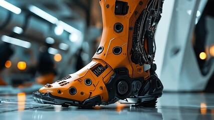 Poster - This detailed look at an orange robotic foot showcasing intricate mechanical components. Prosthesis