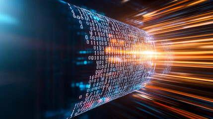 dynamic scene illustrating concept of data transmission and digital privacy, featuring binary code and vibrant light trails. image evokes sense of speed and technology