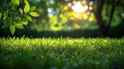 Wall Mural - sunlight filtering through trees illuminates fresh green grass in a serene park during the late afte