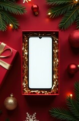 smartphone with white blank display screen in open red gift box surrounded by red and golden Christmas decorations, festive vertical background. customizable phone screen, holiday branding concept.op