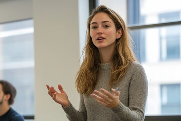 Female coworker making presentation in office, Generative AI