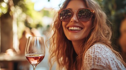 Smiling woman in sunglasses drinking wine, Generative AI