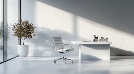 A minimalist office with a white desk, chair and floor.