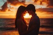 © Dhriti - Romantic young couple on beach during sunset, Generative AI