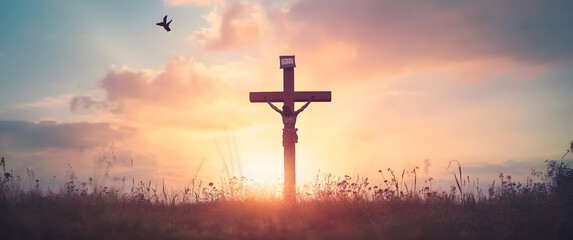 Poster - Silhouette jesus christ crucifix on cross on calvary sunset background concept for good friday he is risen in easter day, good friday worship in God, Christian praying in holy spirit religious.