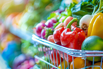 Poster - supermarket cart full of vegetables and fruit inside a store