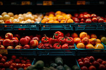 Poster - supermarket cart full of vegetables and fruit inside a store