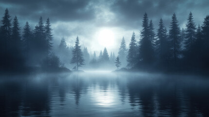 Wall Mural - Wallpaper Depicting A Foggy Lake At Night With Dark, Still Waters And Shadowy Silhouettes Of Trees, Enhancing A Feeling Of Tranquility Mixed With Unease