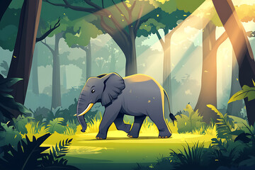 a serene illustration of an elephant walking through a sunlit forest.