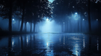 Wall Mural - Wallpaper Showcasing A Forest At Night With Mist Rising Above Wet Ground And Droplets Glistening On Dark Leaves, Evoking A Sense Of Mystery