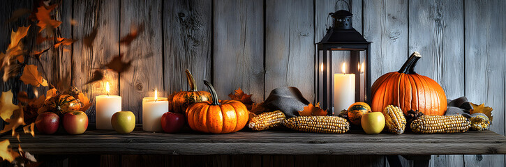 Canvas Print - Wooden Table With Lantern And Candles Decorated With Pumpkins, Corncobs, Apples And Gourds With Wooden Background - Thanksgiving / Harvest Concept