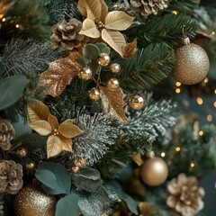 An abstract arrangement of festive foliage and sparkling decorations, capturing the beauty and charm of the holiday season