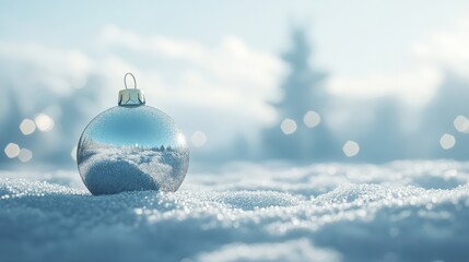 Wall Mural - empty christmas bauble over the winter, snowy background with copy space