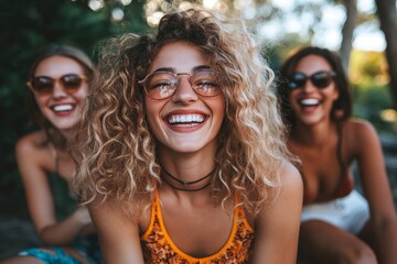 Group of diverse friends laughing and enjoying time together outdoors, Generative AI