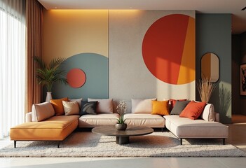 Suprematism style interior design of modern living room with abstract geometric colorful shapes