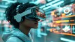 © Hammam - A woman wearing a VR headset in a futuristic setting.
