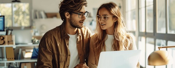 Young Office Workers Collaborating Over Laptop in Modern Workplace