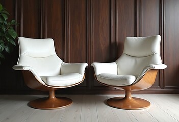 Two white leather swivel chairs with wooden elements near dark wooden paneling wall. Interior design of modern living room