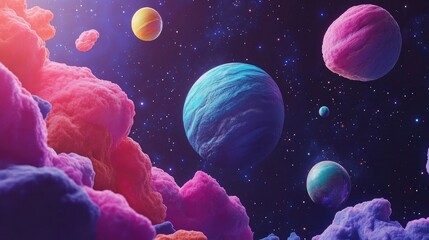 Wall Mural - cartoon rendering in 3d of planets and a nebula in space