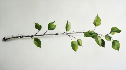 oil painting featuring a green birch branch on a white background representing the birch tree common