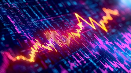 Abstract digital background with neon glowing lines and data.
