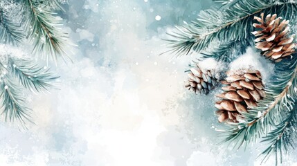 Wall Mural - watercolor vector winter background with fir branches and cones.