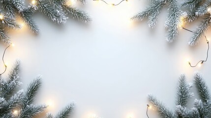 Wall Mural - white christmas background with spruce frosty brunches and christmas lights