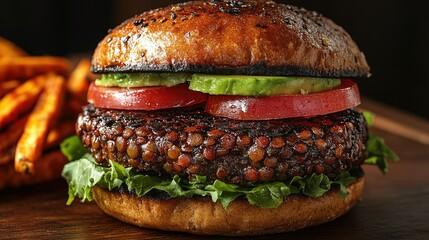 Wall Mural - Vegan lentil burgers served on whole-grain buns with avocado slices, fresh lettuce, and tomato, accompanied by a side of sweet potato fries