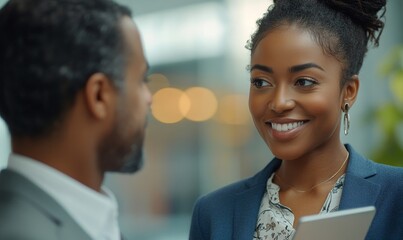 Business colleagues discussing work in office, Generative AI