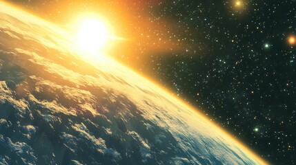 Wall Mural - rendering of a 3d cartoon depiction of the earth stars and galaxy a sunrise over the planet as seen 