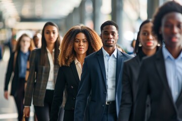 Diverse Group of Professionals Walking in Urban Setting, Showcasing Modern Business Attire and Confidence in a Vibrant City Environment