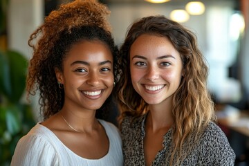 Multiethnic female entrepreneurs smiling at the camera in an office, Generative AI