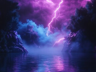 Dramatic empty nature backdrop featuring a thunderstorm dark night scenery and striking lightning Neon light reflections shimmering on water create a surreal abstract landscape 3D representation