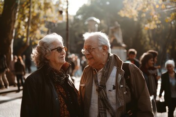 Elderly couple in love walking in the city. Elderly people walking in the city.