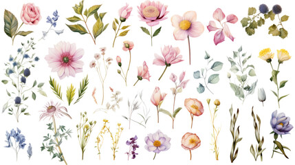 Wall Mural - set of watercolor wildflowers painting isolated on clear png background and transparent background. 