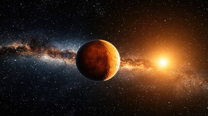 Wall Mural - 3d cartoon illustration featuring planet mars set against the backdrop of the milky way galaxy and t