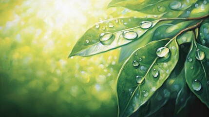 oil painting depicting large morning dew drops on leaves with selective focus on clear water droplet