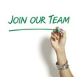 © Sunday - woman's hand, bracelets, painted nails, writing 'Join Our Team' typography on a Transparent screen, green marker, white background