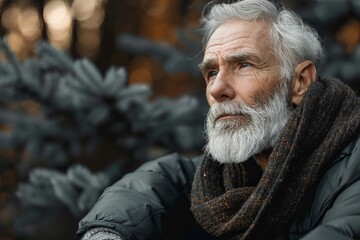  .Thoughtful Elderly Man with Beard in Outdoor Winter Setting, Wearing Warm Scarf and Jacket, Surrounded by Nature..